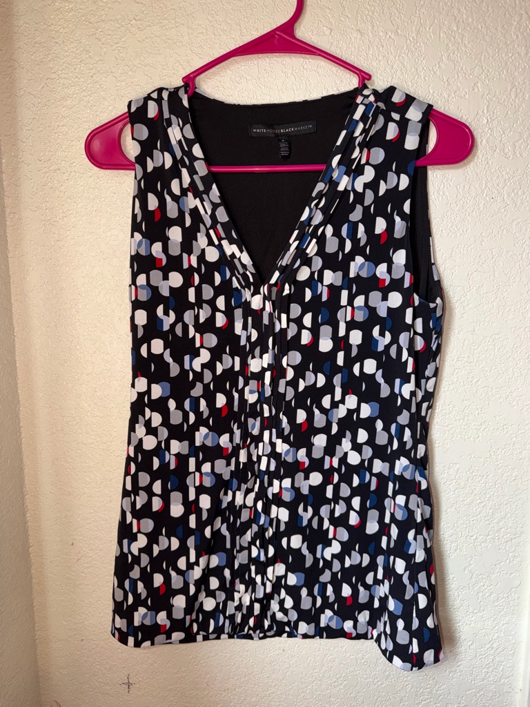 White House Black Market Black Sleeveless V-Neck Top With Geometric Print